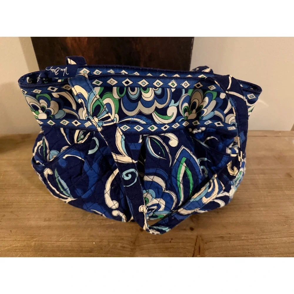 Vera Bradley Blue Lagoon Quilted Cotton Tote Shoulder Bag Floral Geometric Navy